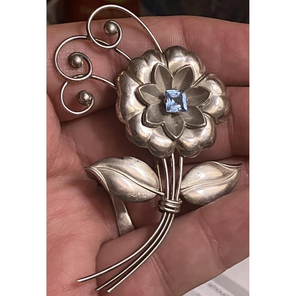Vintage Sterling Harry Iskin Blue Rhinestone Accent Flower Brooch over 12 Grams